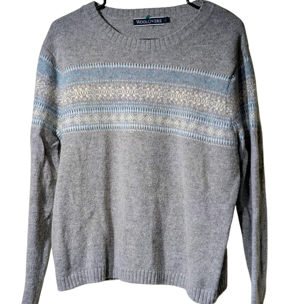 Woolovers Gray Blue Fairisle Crew Neck Pullover Long Sleeve Sweater Size L